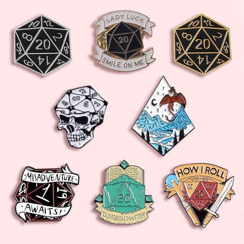 Dice Metal Enamel Brooch Fashion Personality D20 DnD Dice Game Badge Pin Cartoon