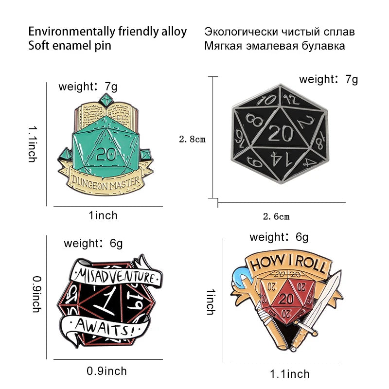 Dice Metal Enamel Brooch Fashion Personality D20 DnD Dice Game Badge Pin Cartoon