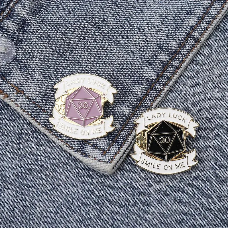 D20 sided dice Dungeons and Dragons Enamel Pin LADY LUCK,SMILE ON ME Brooches Lapel Badge