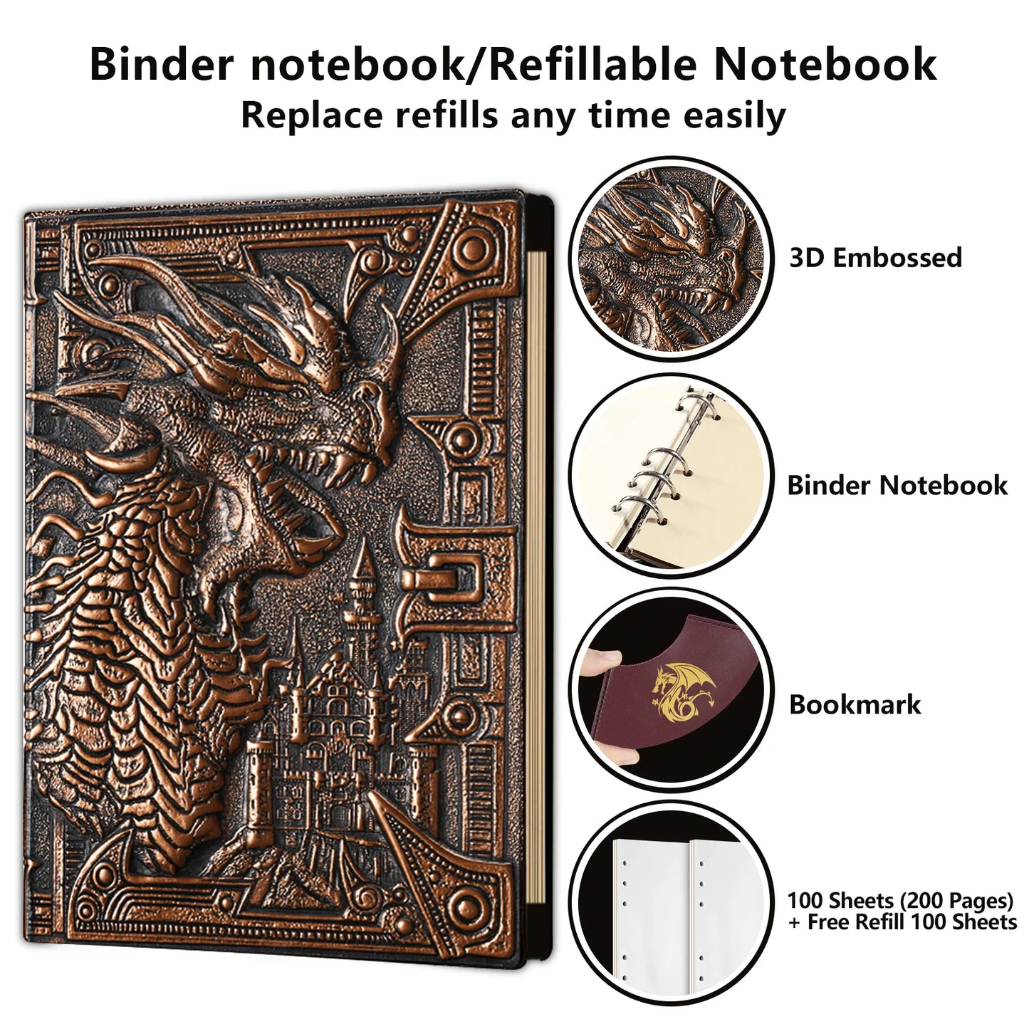 DND Journal 400 Page Book with 3D Dragons Leather Refillable 6-rings binder and Bookmark