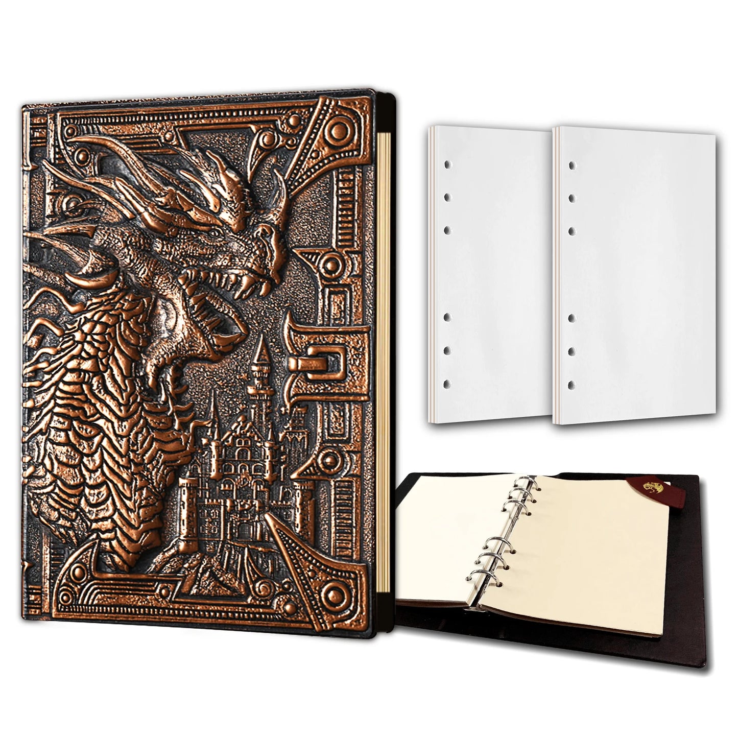 DND Journal 400 Page Book with 3D Dragons Leather Refillable 6-rings binder and Bookmark