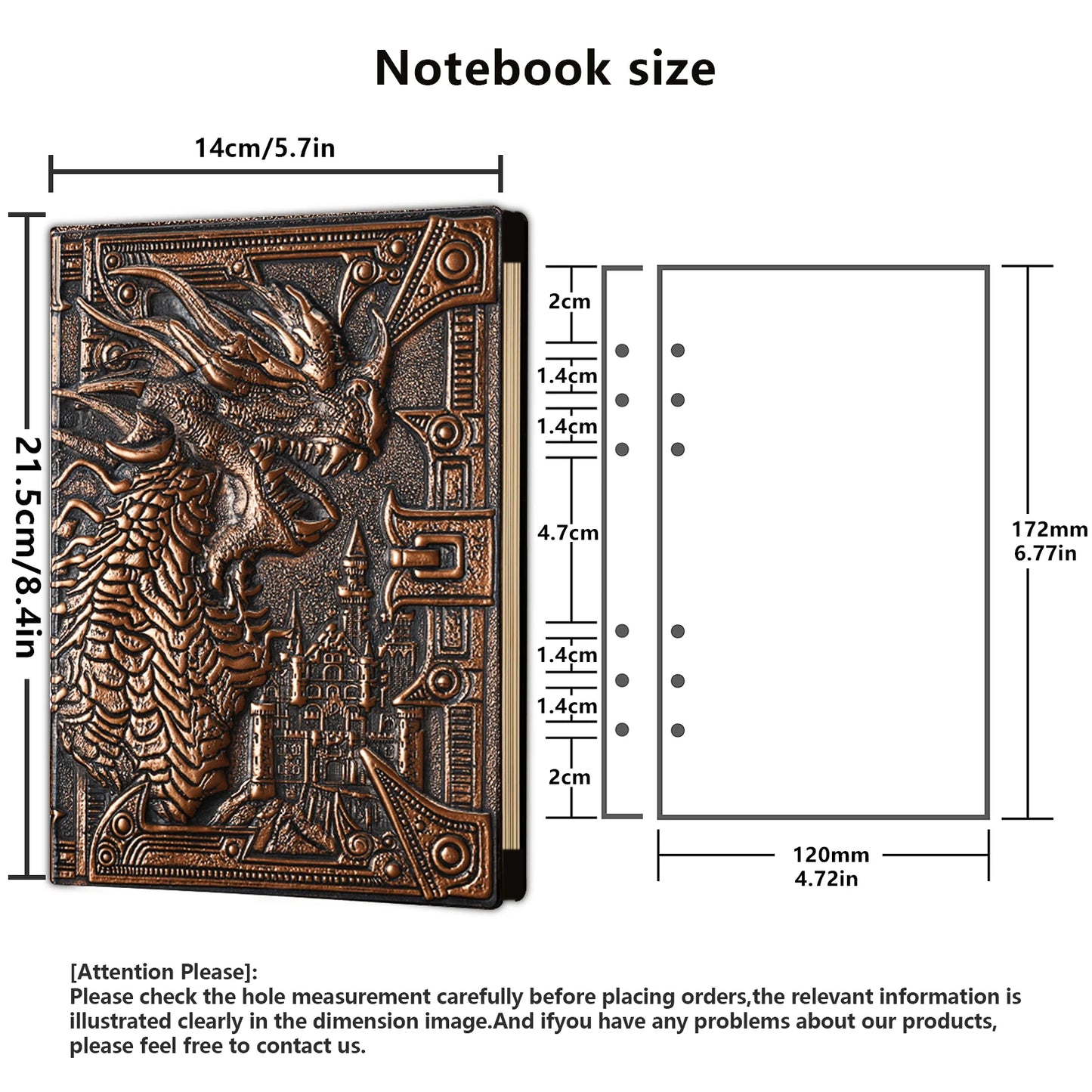 DND Journal 400 Page Book with 3D Dragons Leather Refillable 6-rings binder and Bookmark