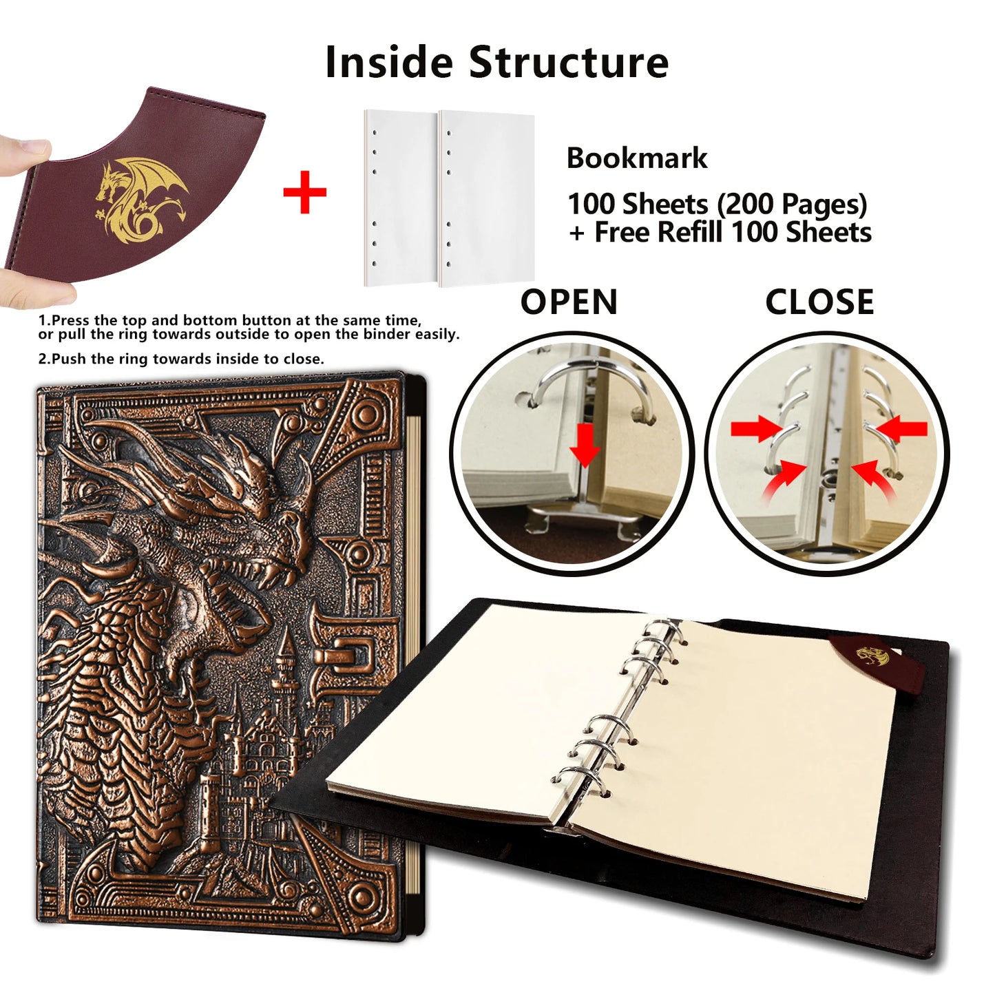 DND Journal 400 Page Book with 3D Dragons Leather Refillable 6-rings binder and Bookmark