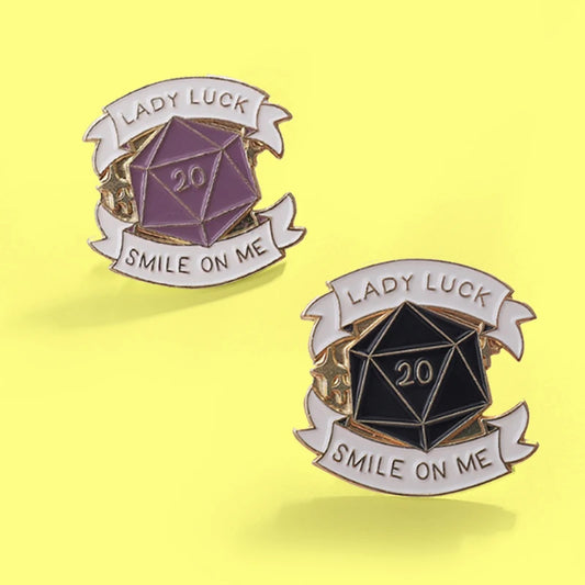 D20 sided dice Dungeons and Dragons Enamel Pin LADY LUCK,SMILE ON ME Brooches Lapel Badge